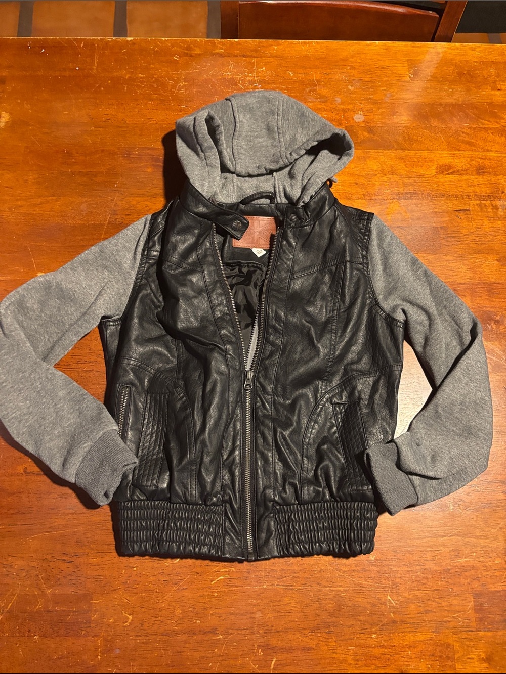 Miss London Black Faux Leather Jacket with Gray Hood & Sleeves